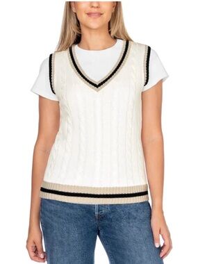 Cable Knit V-Neck Sweater Vest in Cream with Contrast Trim